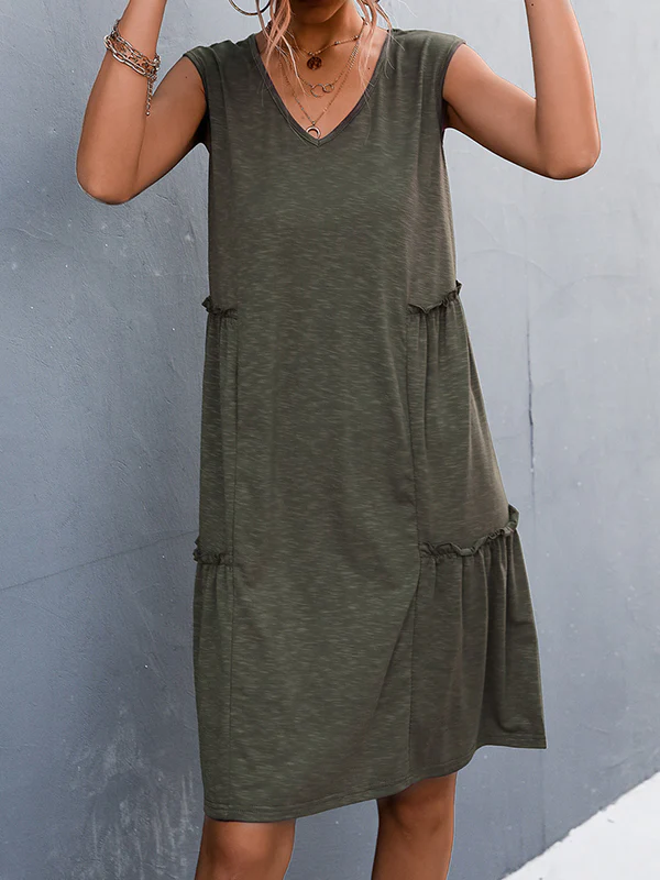 A-line Loose Pleated Solid Color Split-Joint V-neck Midi Dresses - Image 8