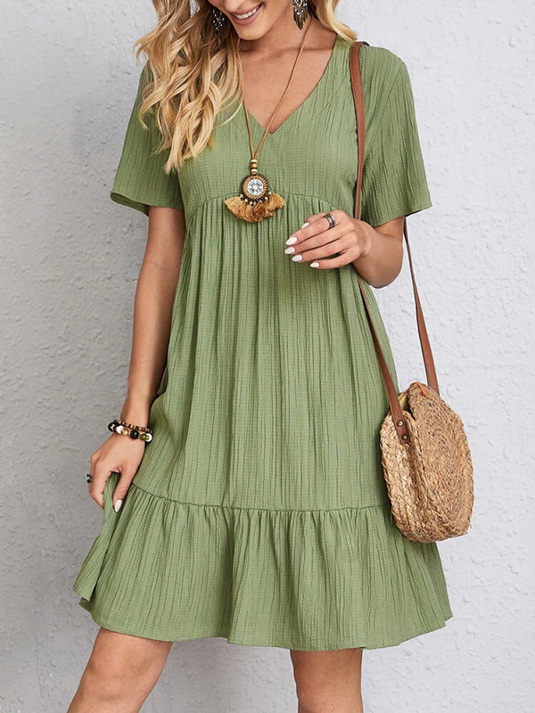A-Line Loose Pleated Solid Color Split-Joint V-Neck Mini Dresses
