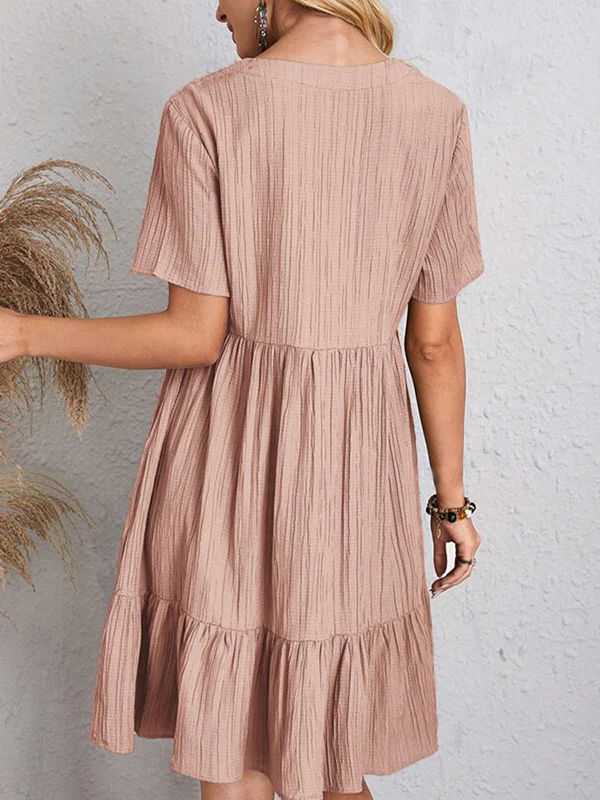 A-Line Loose Pleated Solid Color Split-Joint V-Neck Mini Dresses - Image 10