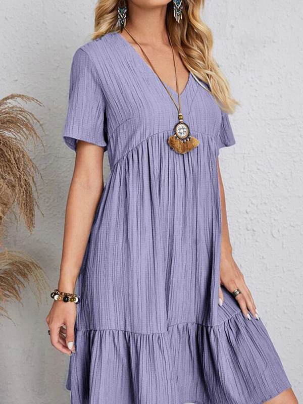 A-Line Loose Pleated Solid Color Split-Joint V-Neck Mini Dresses - Image 11
