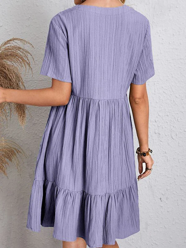 A-Line Loose Pleated Solid Color Split-Joint V-Neck Mini Dresses - Image 12