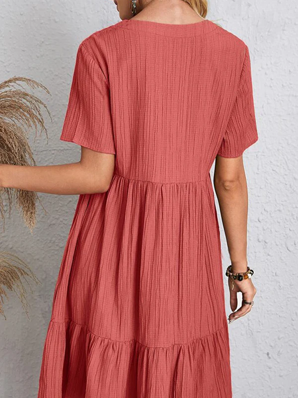 A-Line Loose Pleated Solid Color Split-Joint V-Neck Mini Dresses - Image 13
