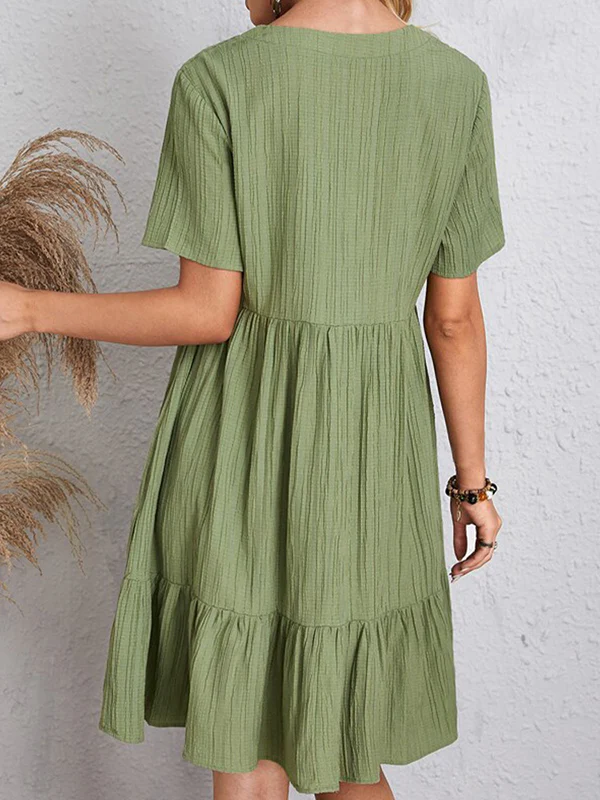 A-Line Loose Pleated Solid Color Split-Joint V-Neck Mini Dresses - Image 14