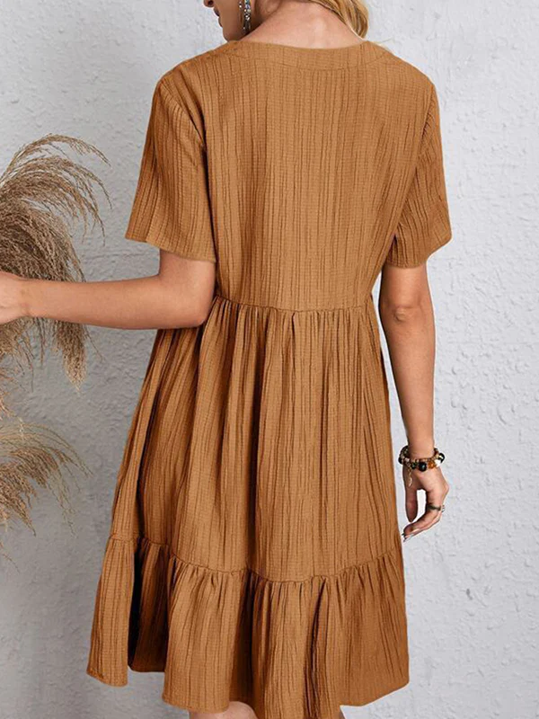 A-Line Loose Pleated Solid Color Split-Joint V-Neck Mini Dresses - Image 15