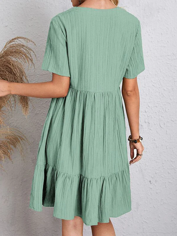 A-Line Loose Pleated Solid Color Split-Joint V-Neck Mini Dresses - Image 16