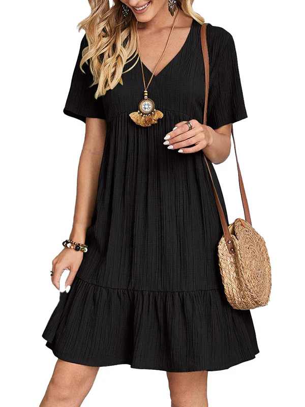 A-Line Loose Pleated Solid Color Split-Joint V-Neck Mini Dresses - Image 17