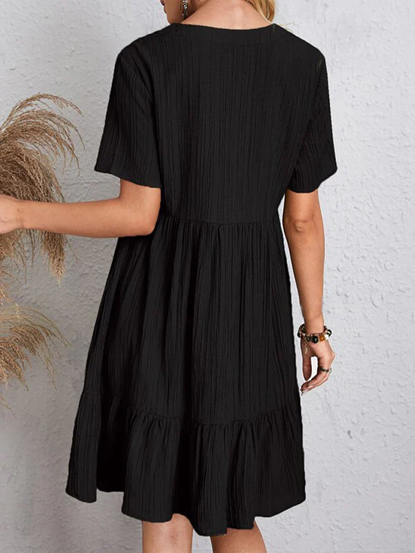 A-Line Loose Pleated Solid Color Split-Joint V-Neck Mini Dresses - Image 18