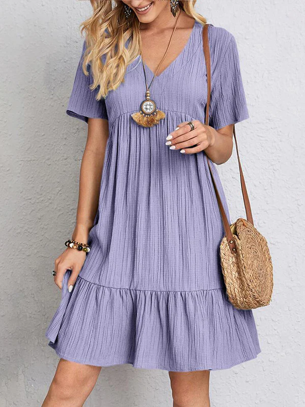 A-Line Loose Pleated Solid Color Split-Joint V-Neck Mini Dresses - Image 2