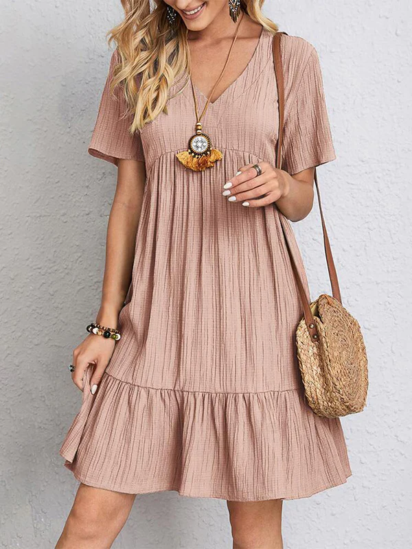 A-Line Loose Pleated Solid Color Split-Joint V-Neck Mini Dresses - Image 3