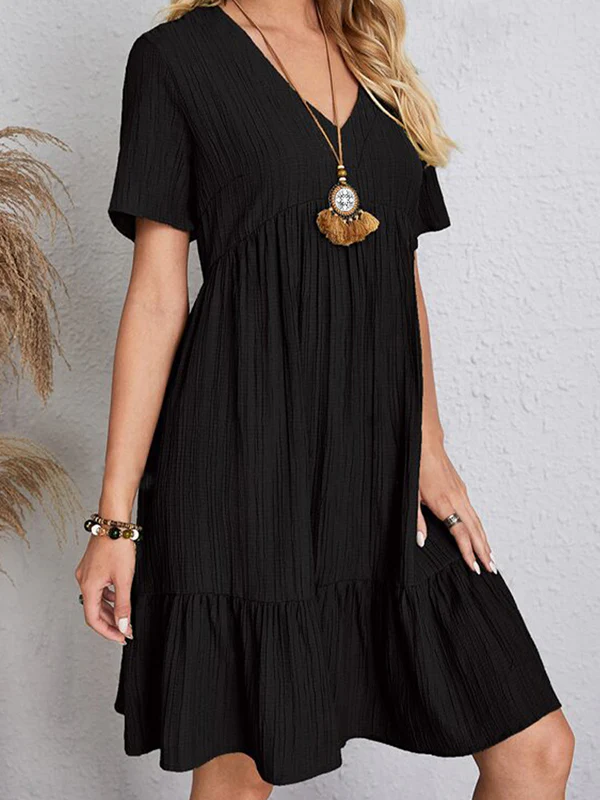 A-Line Loose Pleated Solid Color Split-Joint V-Neck Mini Dresses - Image 4