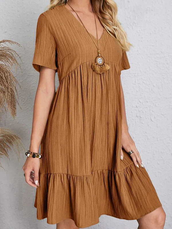 A-Line Loose Pleated Solid Color Split-Joint V-Neck Mini Dresses - Image 5