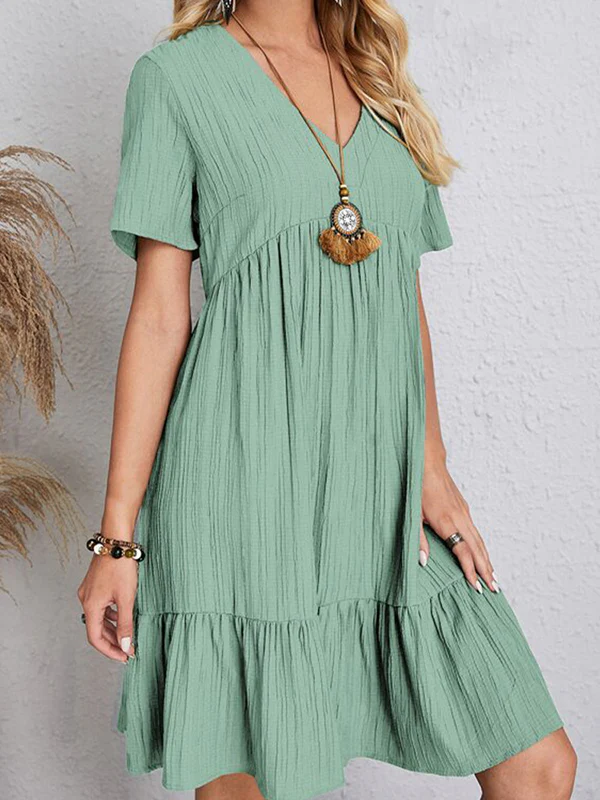 A-Line Loose Pleated Solid Color Split-Joint V-Neck Mini Dresses - Image 6