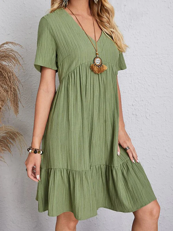 A-Line Loose Pleated Solid Color Split-Joint V-Neck Mini Dresses - Image 7