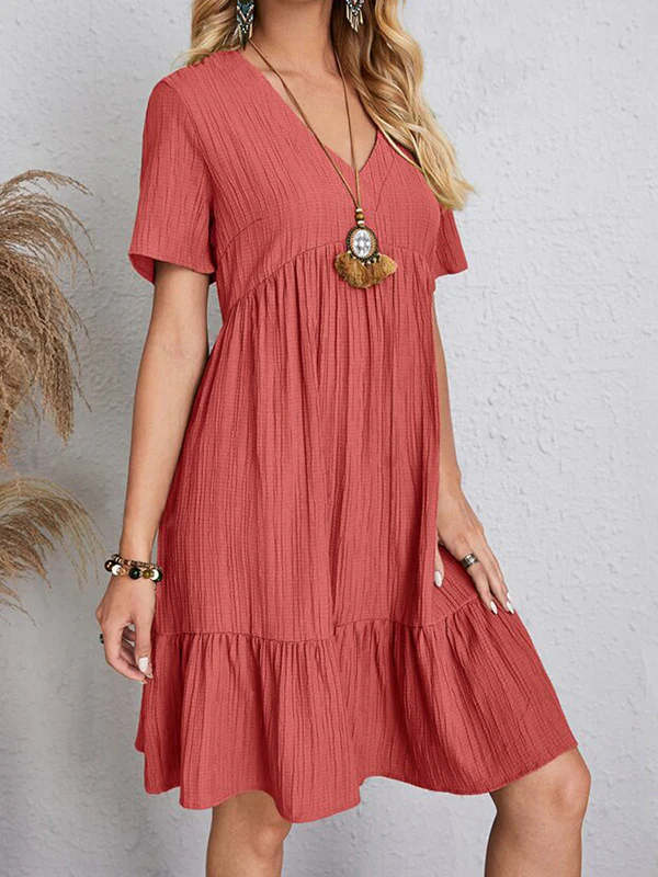 A-Line Loose Pleated Solid Color Split-Joint V-Neck Mini Dresses - Image 8