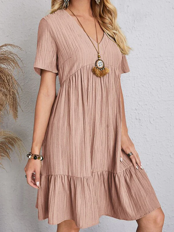 A-Line Loose Pleated Solid Color Split-Joint V-Neck Mini Dresses - Image 9