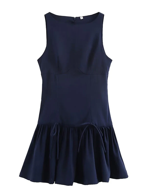 A-Line Loose Pleated Solid Color Split-Joint Zipper Round-Neck Mini Dresses - Image 10