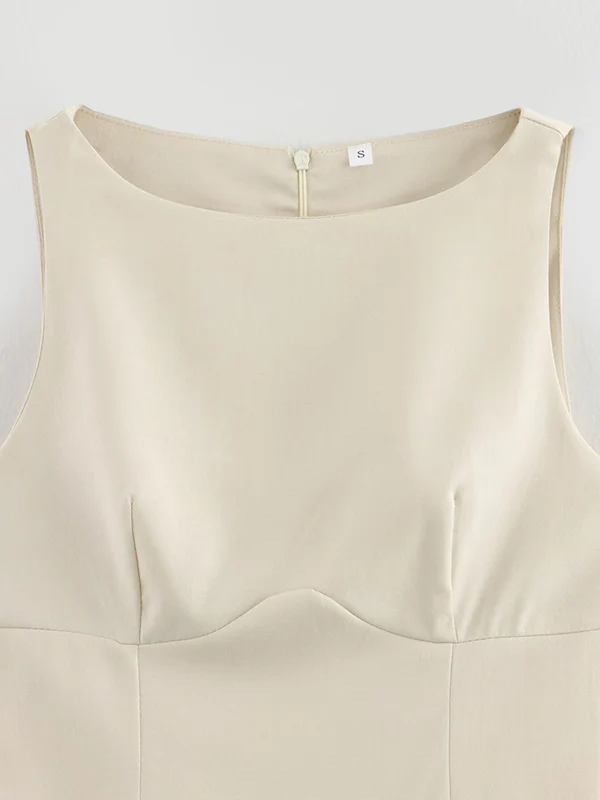 A-Line Loose Pleated Solid Color Split-Joint Zipper Round-Neck Mini Dresses - Image 11