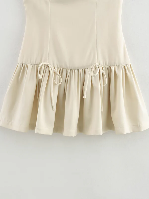 A-Line Loose Pleated Solid Color Split-Joint Zipper Round-Neck Mini Dresses - Image 12