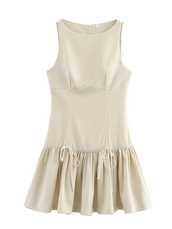 A-Line Loose Pleated Solid Color Split-Joint Zipper Round-Neck Mini Dresses - Image 5