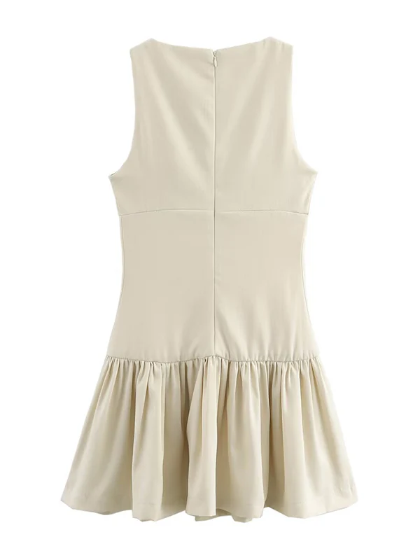 A-Line Loose Pleated Solid Color Split-Joint Zipper Round-Neck Mini Dresses - Image 6