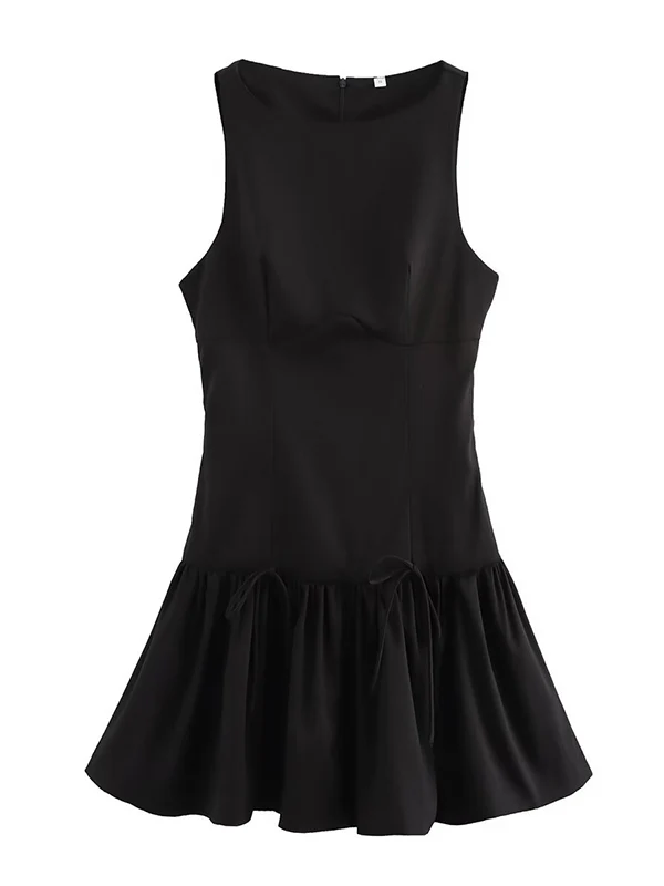 A-Line Loose Pleated Solid Color Split-Joint Zipper Round-Neck Mini Dresses - Image 7