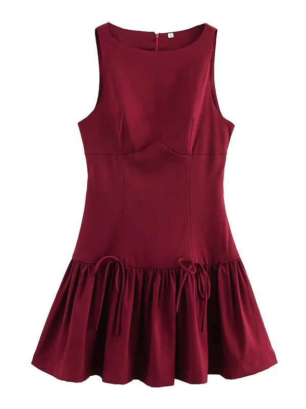 A-Line Loose Pleated Solid Color Split-Joint Zipper Round-Neck Mini Dresses - Image 8
