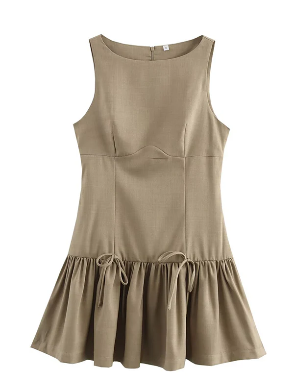 A-Line Loose Pleated Solid Color Split-Joint Zipper Round-Neck Mini Dresses - Image 9