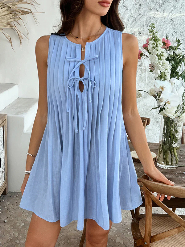 A-Line Loose Pleated Solid Color Tied Round-Neck Mini Dresses Vest Top - Image 10