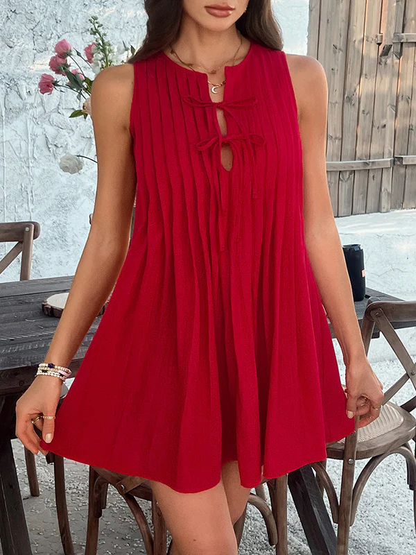 A-Line Loose Pleated Solid Color Tied Round-Neck Mini Dresses Vest Top - Image 16