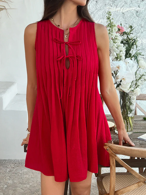 A-Line Loose Pleated Solid Color Tied Round-Neck Mini Dresses Vest Top - Image 17