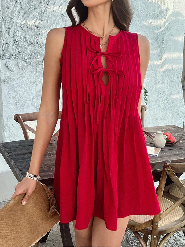 A-Line Loose Pleated Solid Color Tied Round-Neck Mini Dresses Vest Top - Image 3