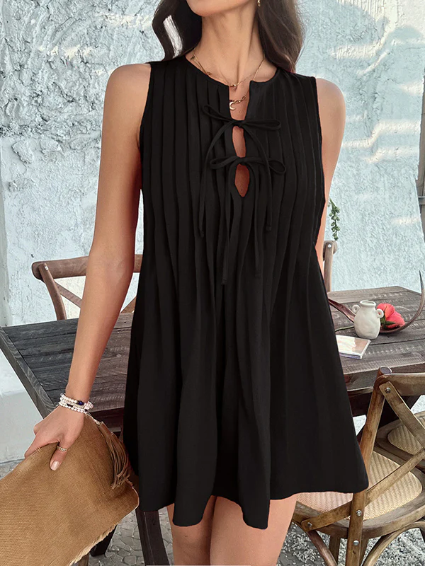 A-Line Loose Pleated Solid Color Tied Round-Neck Mini Dresses Vest Top - Image 4