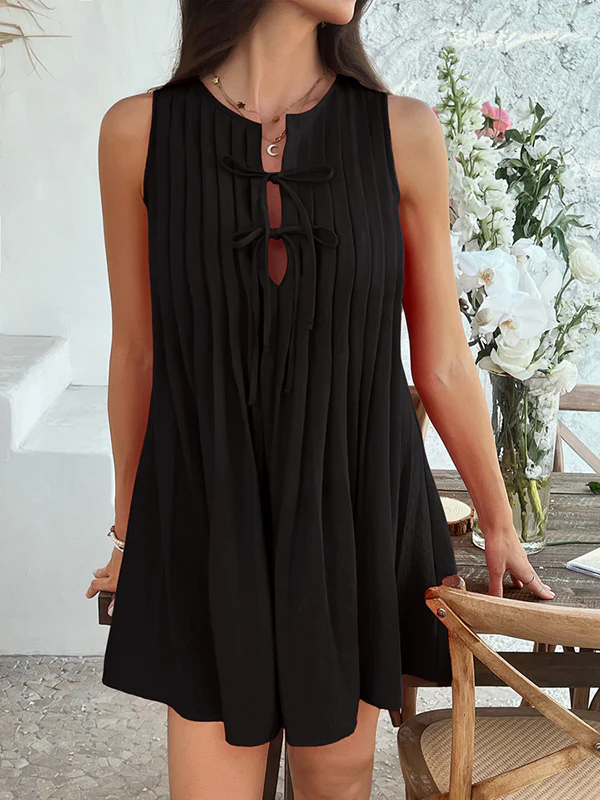 A-Line Loose Pleated Solid Color Tied Round-Neck Mini Dresses Vest Top - Image 5