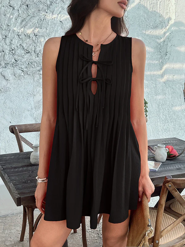A-Line Loose Pleated Solid Color Tied Round-Neck Mini Dresses Vest Top - Image 6