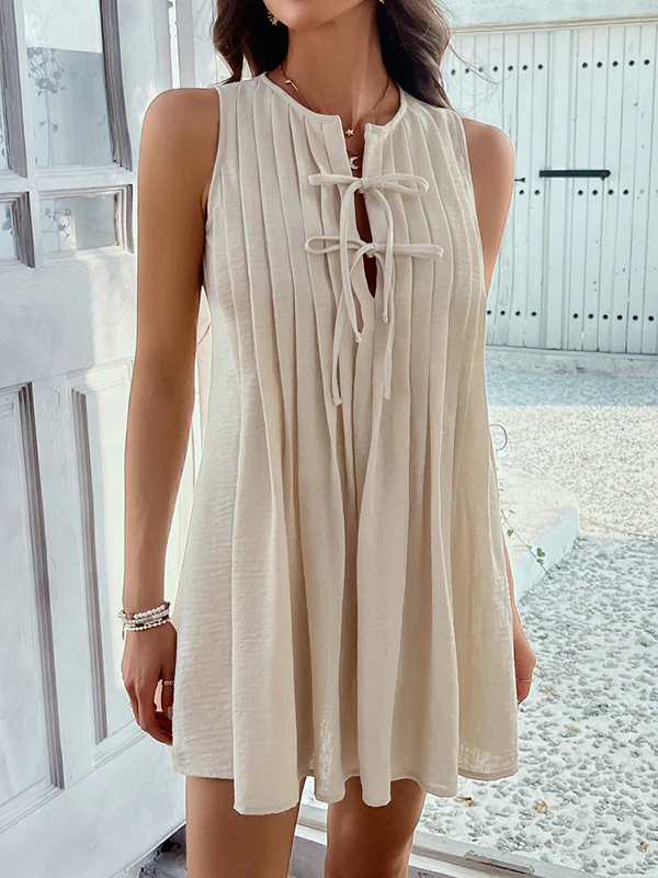 A-Line Loose Pleated Solid Color Tied Round-Neck Mini Dresses Vest Top - Image 7