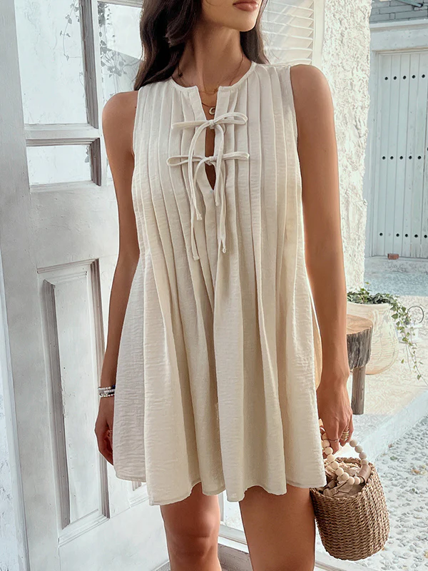 A-Line Loose Pleated Solid Color Tied Round-Neck Mini Dresses Vest Top - Image 8