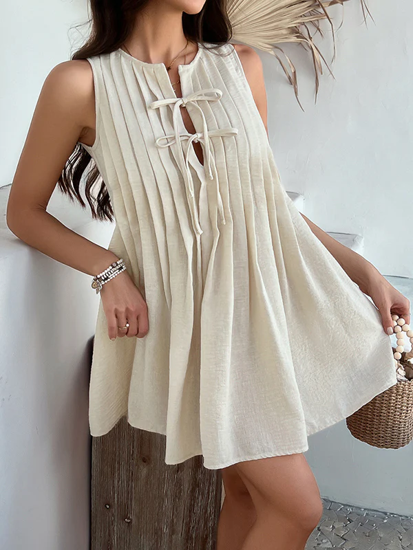 A-Line Loose Pleated Solid Color Tied Round-Neck Mini Dresses Vest Top - Image 9