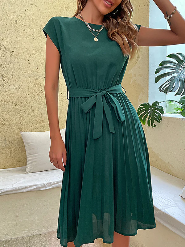 A-Line Loose Pleated Solid Color Tied Waist Round-Neck Midi Dresses - Image 10