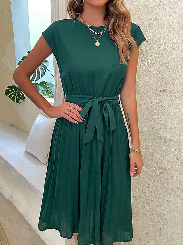 A-Line Loose Pleated Solid Color Tied Waist Round-Neck Midi Dresses - Image 11