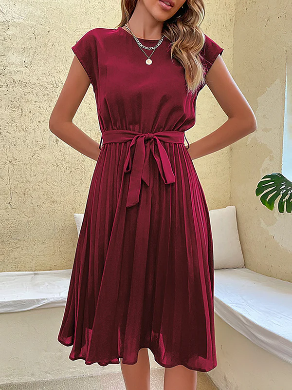 A-Line Loose Pleated Solid Color Tied Waist Round-Neck Midi Dresses - Image 2
