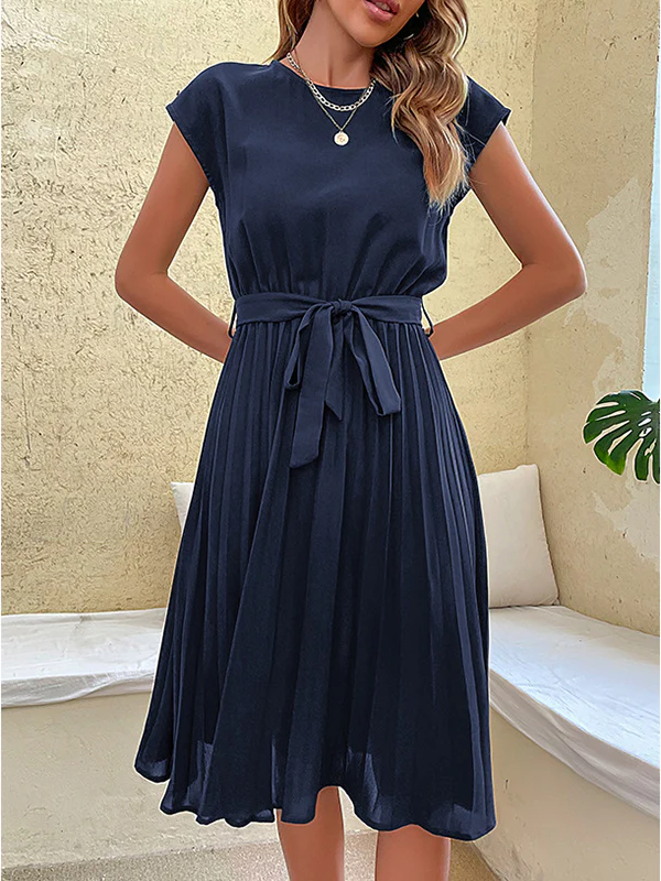A-Line Loose Pleated Solid Color Tied Waist Round-Neck Midi Dresses - Image 20