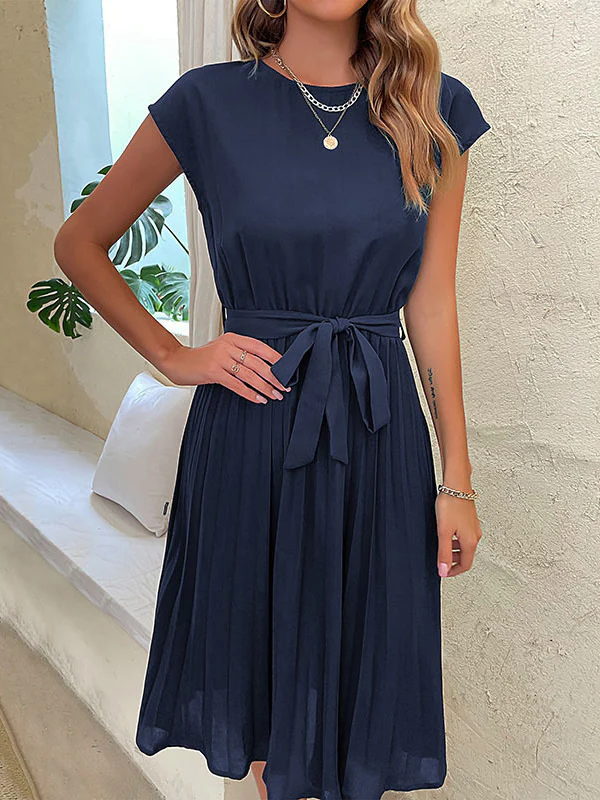 A-Line Loose Pleated Solid Color Tied Waist Round-Neck Midi Dresses - Image 21