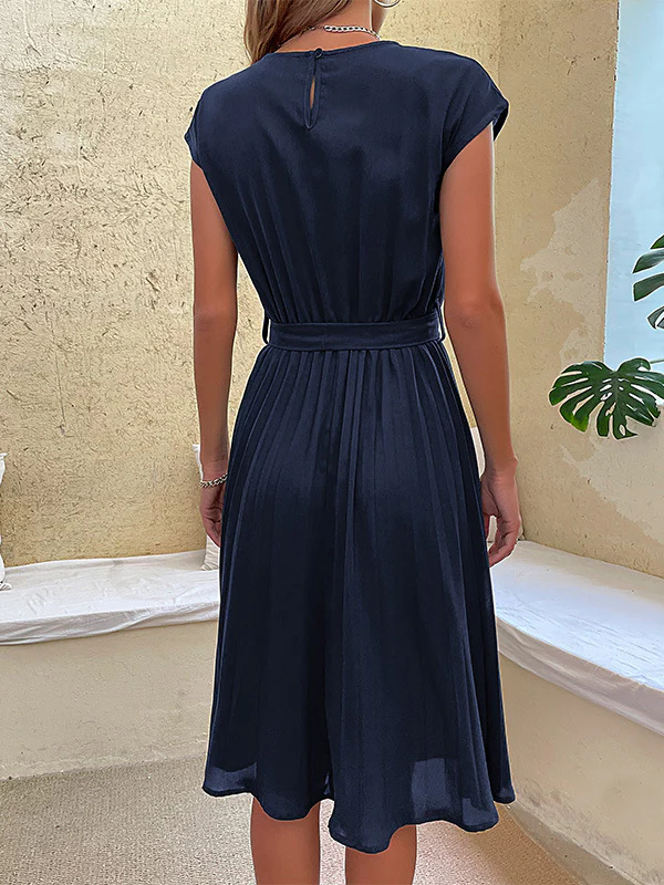A-Line Loose Pleated Solid Color Tied Waist Round-Neck Midi Dresses - Image 22