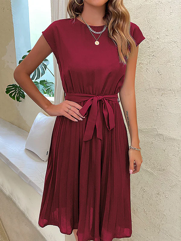 A-Line Loose Pleated Solid Color Tied Waist Round-Neck Midi Dresses - Image 3