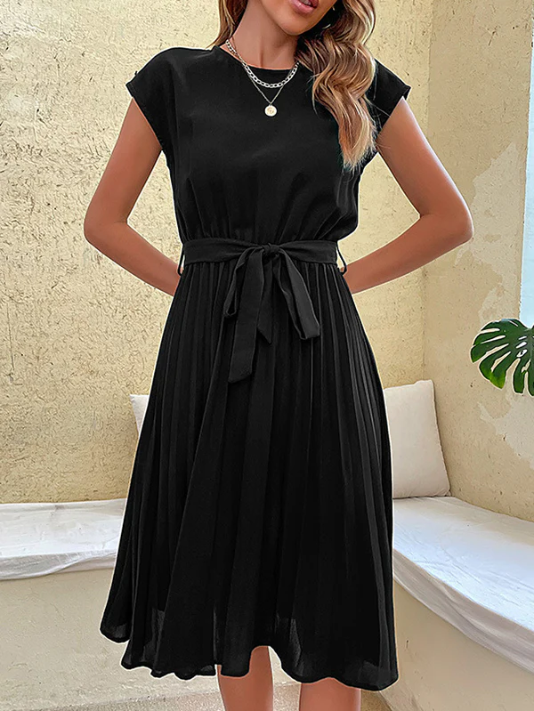 A-Line Loose Pleated Solid Color Tied Waist Round-Neck Midi Dresses - Image 5
