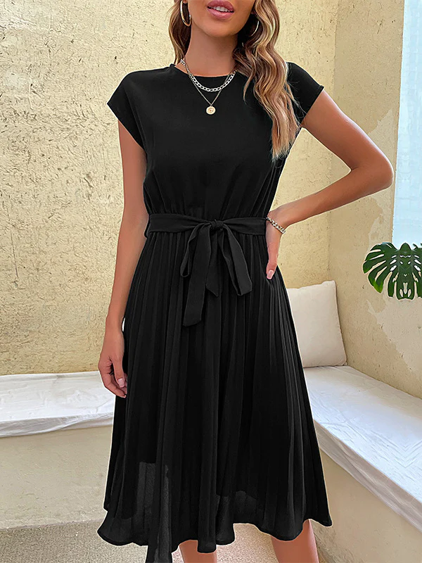 A-Line Loose Pleated Solid Color Tied Waist Round-Neck Midi Dresses - Image 6