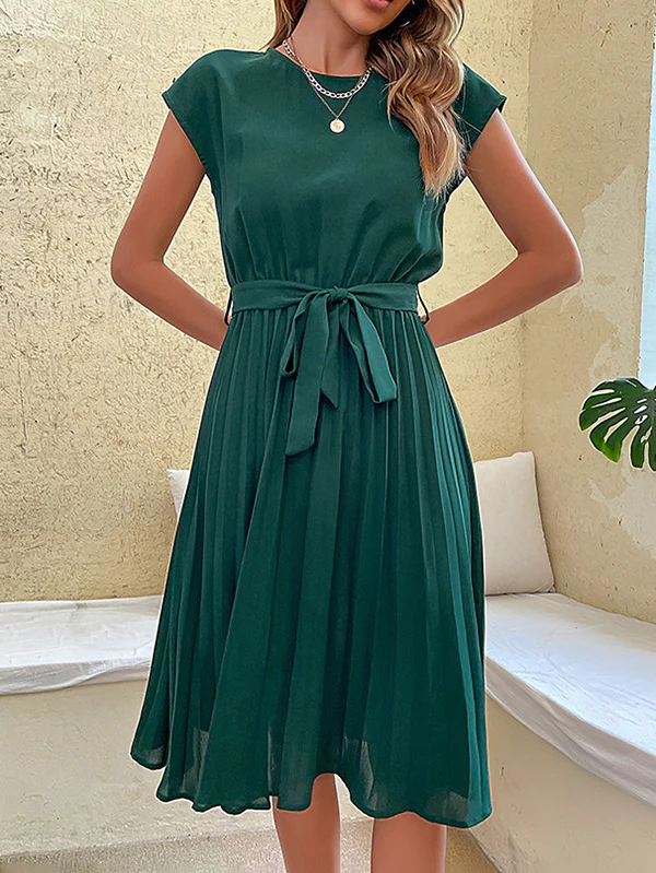 A-Line Loose Pleated Solid Color Tied Waist Round-Neck Midi Dresses - Image 8