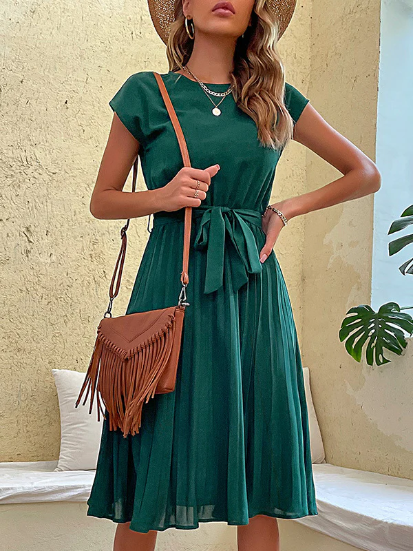 A-Line Loose Pleated Solid Color Tied Waist Round-Neck Midi Dresses - Image 9