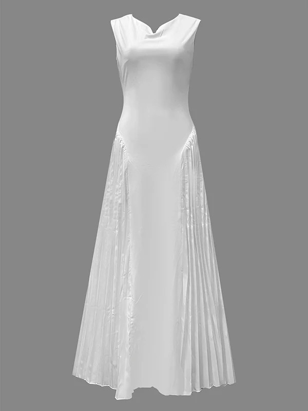 A-Line Loose Pleated Solid Color V-Neck Maxi Dresses - Image 3