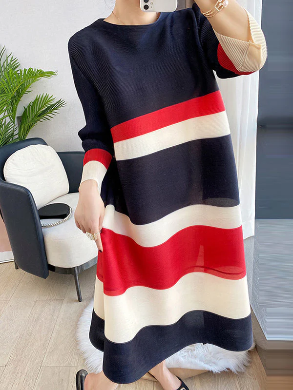 A-Line Loose Pleated Striped Round-Neck Midi Dresses - Image 6